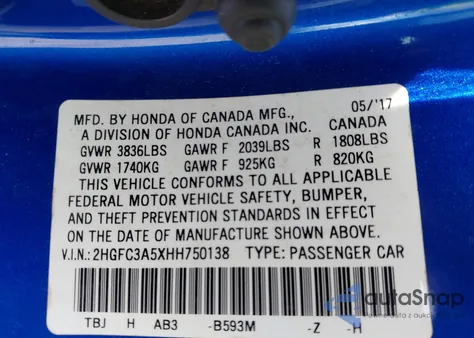 2017 Honda Civic Si z USA, uszkodzony, nr VIN 2HGFC3A5XHH750138